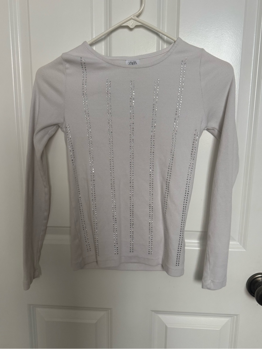 Zara White Long Sleeve Top with Vertical Rhinestone Stripes